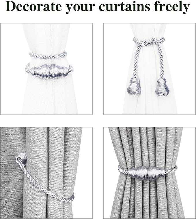Nieffeiy Magnetic Curtain Tiebacks Outdoor Curtain Tie Backs Rope Decorative Magnetic Curtain Holders for Drapes Window Treatment Holdbacks, Grey 6Pack
