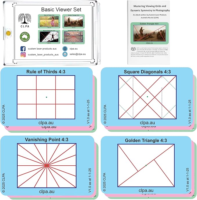CLPA Basic Photographic Viewfinder Set: Rule of Thirds, Square Diagonals, Vanishing Point & Golden Triangle for Art, Photography, & Video