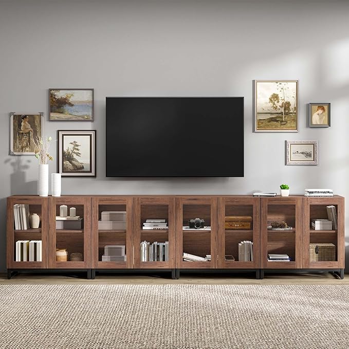 WAMPAT Modern TV Stand with Glass Doors for 120 inch TVs, 4 in 1 Entertainment Center Console with Adjustable Shelves and Metal Base for Living Room, Bedroom, Brown