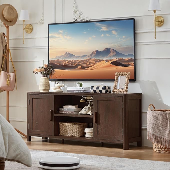 Joaxswe Farmhouse 55" Entertainment Center, Dark Walnut Tv Stand with Adjustable Shelves & 2 Door Storage,Wood Media Console Cabinet for TVs Up to 65 inches, Rustic Tv Stands for Living Room,Bedroom