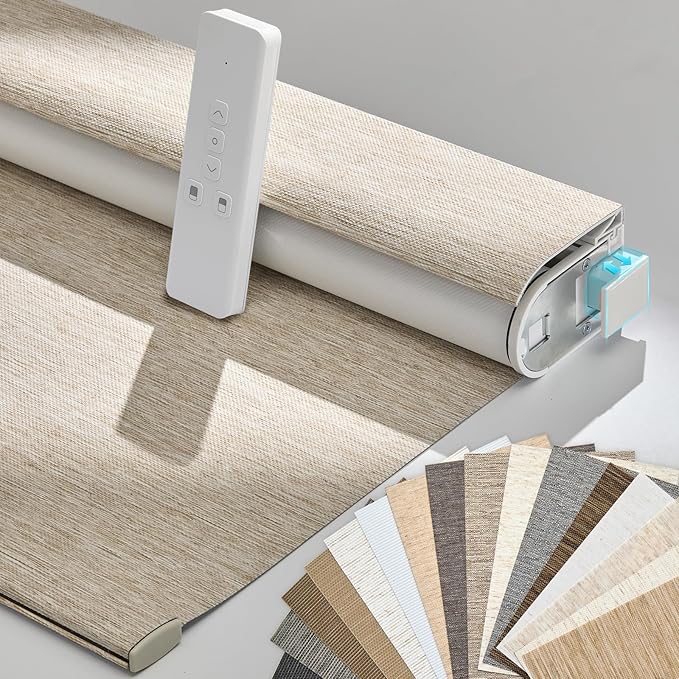Persilux Smart Motorized Blinds with Remote, No Drill Automatic Roller Shades for Indoor Windows, Blackout Linen Fabric, Electric Blinds for Windows, Nature Khaki C153BO-3, Custom Size