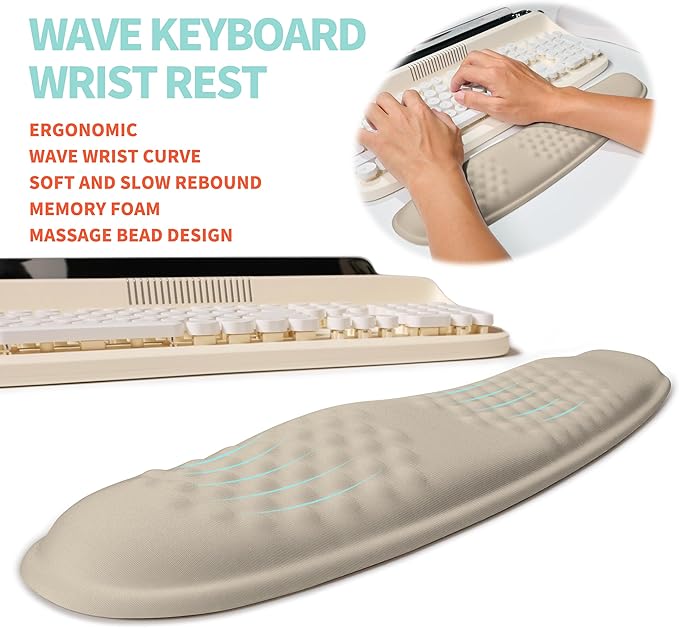 KUOSGM 2-in-1 Ergonomic Set, Wave Rise Keyboard Wrist Rest and Massage Bulge Slope Mouse Pad Wrist Support, Cushion Memory Foam Integrated to Relieve Wrist Pain, Apricot