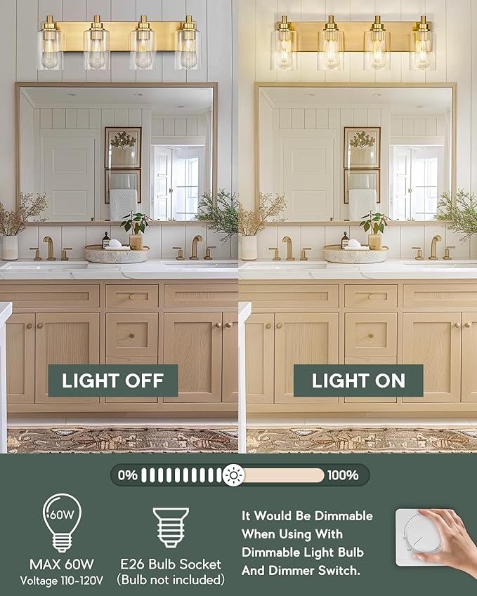 METWET 4-Light Bathroom Light Fixtures, Brushed Gold Vanity Light with Cylinder Clear Glass Shade, Modern Vanity Lighting Fixtures Over Mirror, VL143-BG-4