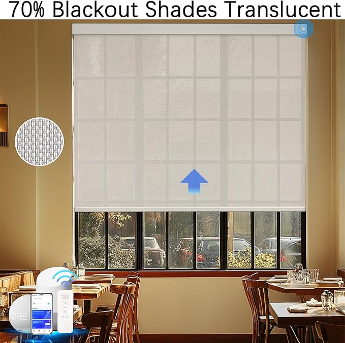 COOLWINDS Motorized Blinds with Remote Cordless Automatic Motorized Shades Custom Blinds for Windows Smart Curtains Compatible with Alexa Google Home(3% Solar Beige,W48 x H72in)