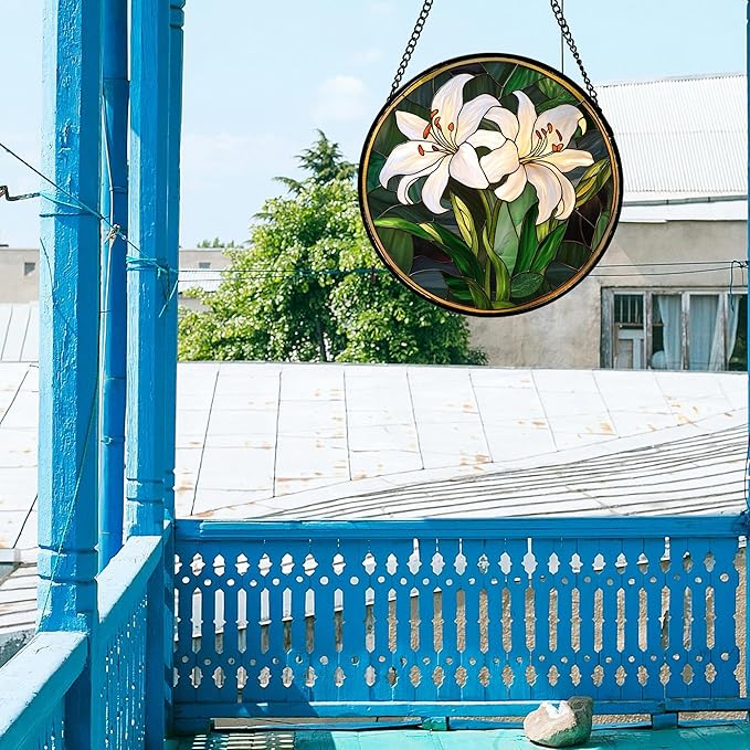 CRISGIF Stained Glass Window Hanging, White Lily Suncatcher for Door Garden Patio Birth Flower Green Plant Sun Catchers Decor Christmas Mother's Day Birthday Gifts for Women Mom Nana Friend 6.3 in