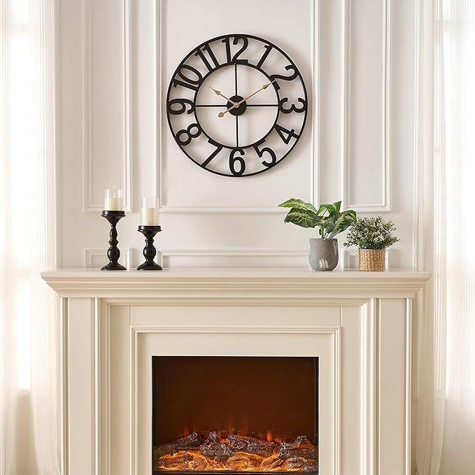 Alarmore Wall Clocks for Living Room Decor, Large Wall Clock Silent Battery Operated, Rustic Industrial Farmhouse Black Metal Wall Clocks for Kitchen, Bedroom, Dining Room-24 in
