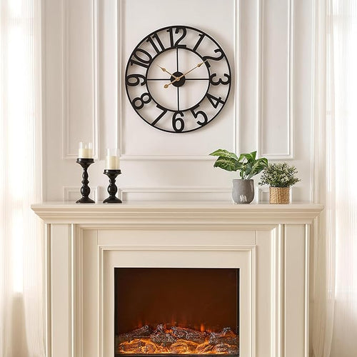 Alarmore Wall Clocks for Living Room Decor, Large Wall Clock Silent Battery Operated, Rustic Industrial Farmhouse Black Metal Wall Clocks for Kitchen, Bedroom, Dining Room-24 in