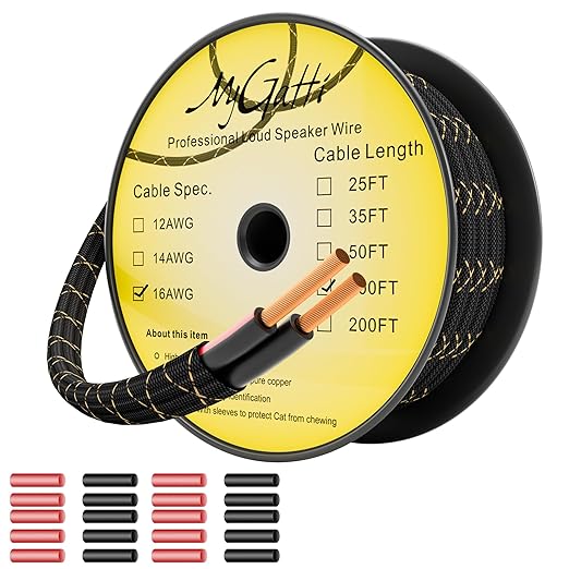 16/2 Speaker Wire 100 Feet, 16AWG Gauge Speaker Cable, Direct Burial, Durable Nylon Braided, in Wall, 2 Conductors, OFC Oxygen-Free Copper, for Car Audio Stereos, Home Theater, Surround Sound, Radio