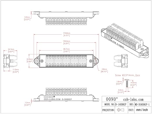 16Amp 300V 15x2 Position Terminal Block Distribution Module. OONO D-1658GP