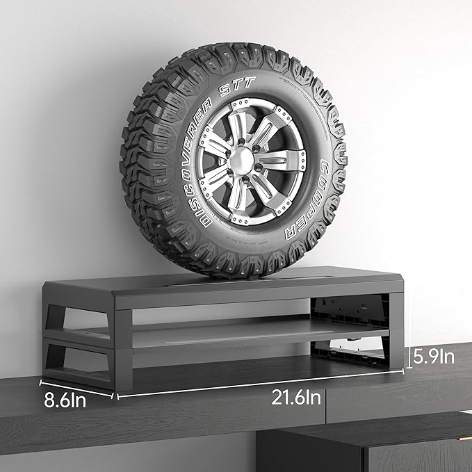 GECKOSTROLL 2-Tier Metal Computer Monitor Stand & Laptop Desk Shelf, 21.6 Inches, 22W Charging, 2 USB 3.0, 1 USB 2.0, Heavy Duty, Black, Metal
