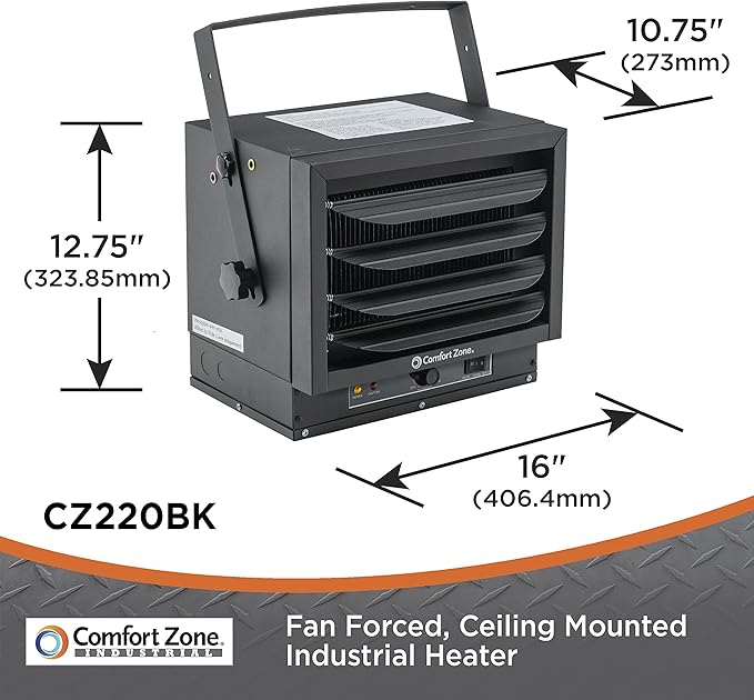 Comfort Zone Hard-Wired Ceiling Mount Garage Electric Space Heater, Fan-Forced, 5,000 watt, 240 volt, Overheat Protection, Thermal Cut-Out Switch, Ideal for Workshop & Garage, ETL Compliant, CZ220BK