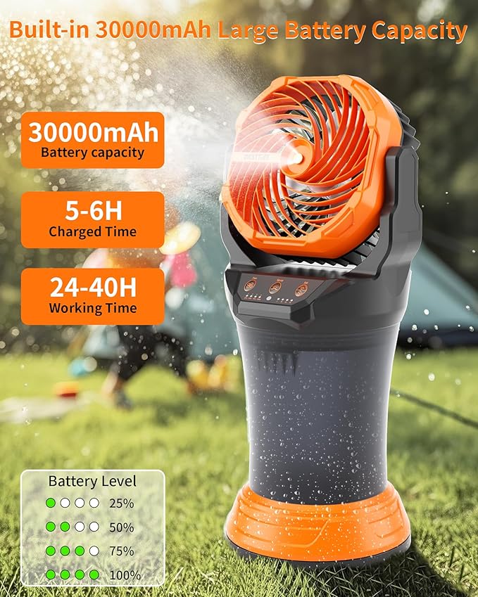 WESTTREE Portable Misting Fan with Large Battery Fan-Rechargeable Outdoor Misting Cooling Fans with 2L Water Tank,RGB Lights,4 Speeds & Spray Modes-for Patio, Camping, Beach, Workshop (X65 Orange)