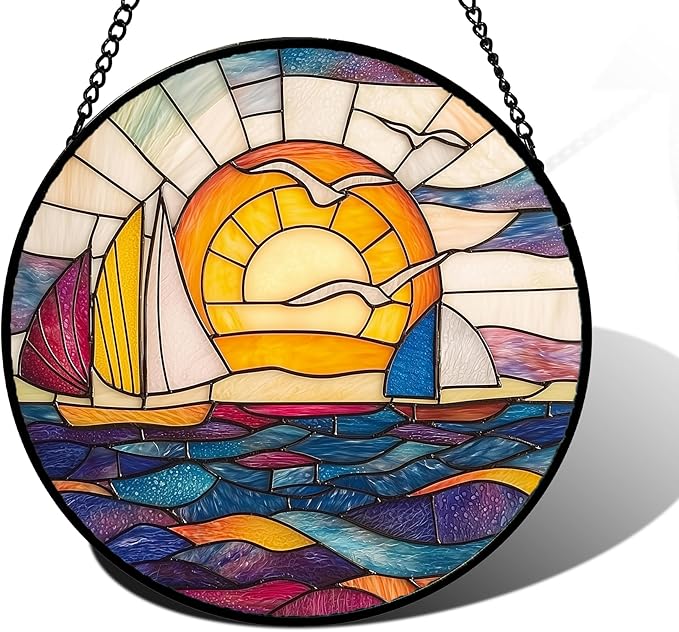 DASTOLL Stained Glass Window Hanging, Sailboat and Waves Suncatcher Diamond Glass Panel Hangings Sun Catchers Decor for Birthday for Women, Men, Wife, Aunt, and Mom 6.3 in