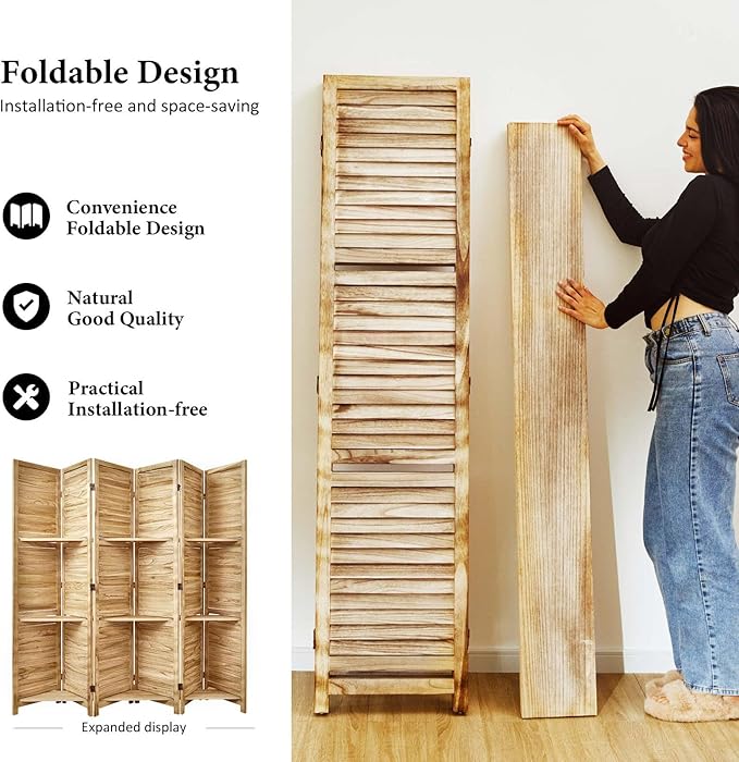Partition Room Dividers, Folding Wood Privacy Screen with Three Display Shelves Suitable for Home Office, Study, Art Display - 6 Panel, 67 * 77inch (Wood)