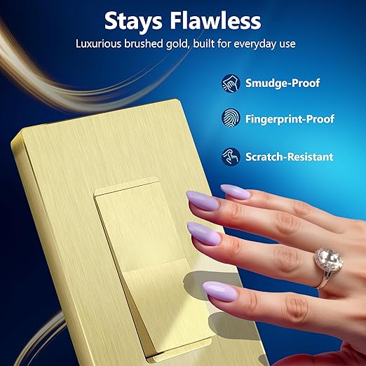 LIDER Brushed Gold Minimalist Design Decorator Switch with Screwless Wall Plate, Frameless Wall Light Switch, On/Off Rocker Switch, Single Pole, Residential Grade, 3 Wire, 15A 120-277VAC