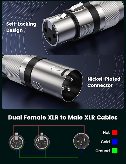 MOSWAG XLR Splitrer 1 Male to 2 Female, (0.25m/0.82 Feet) 3 Pins Dual XLR Female to Male Y Splitter with zinc Alloy Metal connectors for Mixer/Speaker/MlC, PVC Balanced Audio Cable