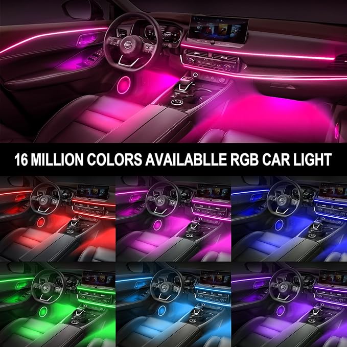 RGB Acrylic Ambient Lighting Car Lights, LED Strip Lights with APP Control, 593 LEDs Interior Car Lights, 6 in 1 Neon Car Ambient Lighting Kit