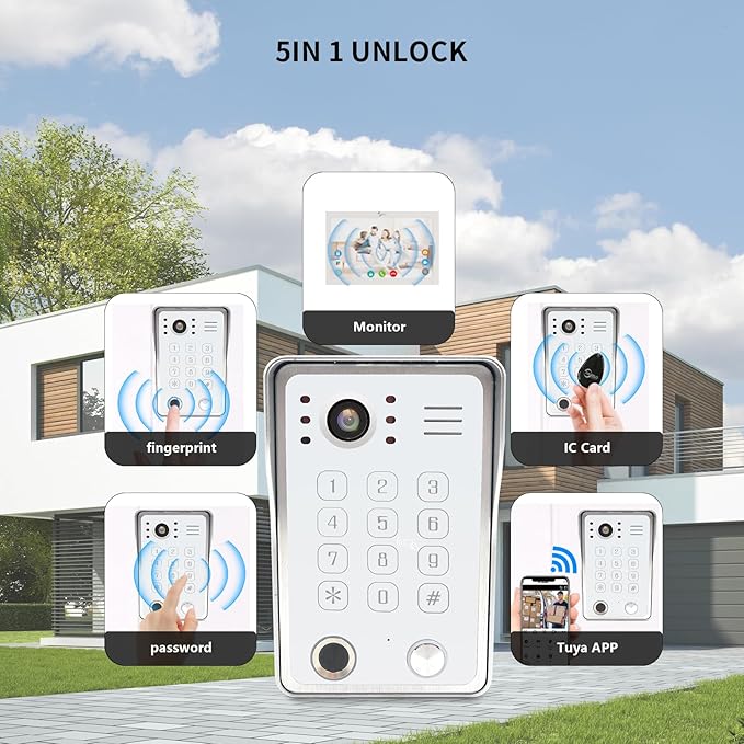 Wired Video Door Phone Kit Apartment Intercom System,10 Inch Touch Screen Monitor(Silver)with 1080P HD Doorbell Camera,Supporting Motion Detecting 5 in 1 Unlcking (1 Doorbell + 2 Monitor)