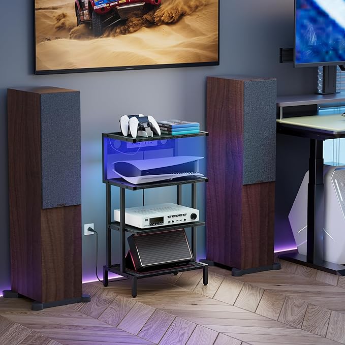 Aquzee Game Console Shelf, 4-Tier Video Gaming Consoles Stand with Outlet & RGB Light, Small Media Entertainment Center for Audio Stereo Storage Organizer Playroom Furniture, Stereo Stands and Racks
