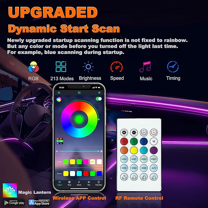 Jushope Acrylic LED Lights - Interior Car Ambient Lighting Kits with Dynamic Rainbow Dream Color Chasing, Music Sync (10 in 1(4*29.5+43.3+14.5 inches+4 Footwell Lights))