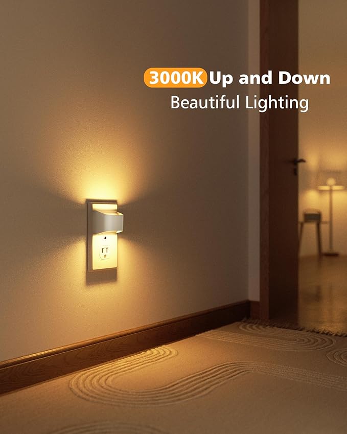 VOLISUN Night Lights Plug into Wall, 2 Pack Up and Down LED Night Light with Dusk to Dawn Light Sensor, 3000K Warm White Nightlight for Hallway, Bedroom, Bathroom, Kitchen White