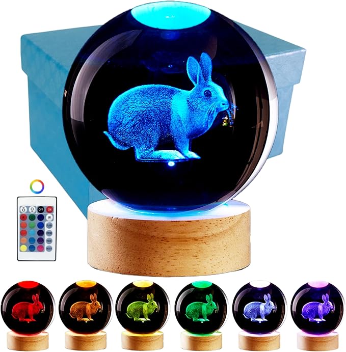 3D Crystal Ball Lamp with Lifelike LED Rabbit, 16 Color Changing Light, Dimmable Remote Control