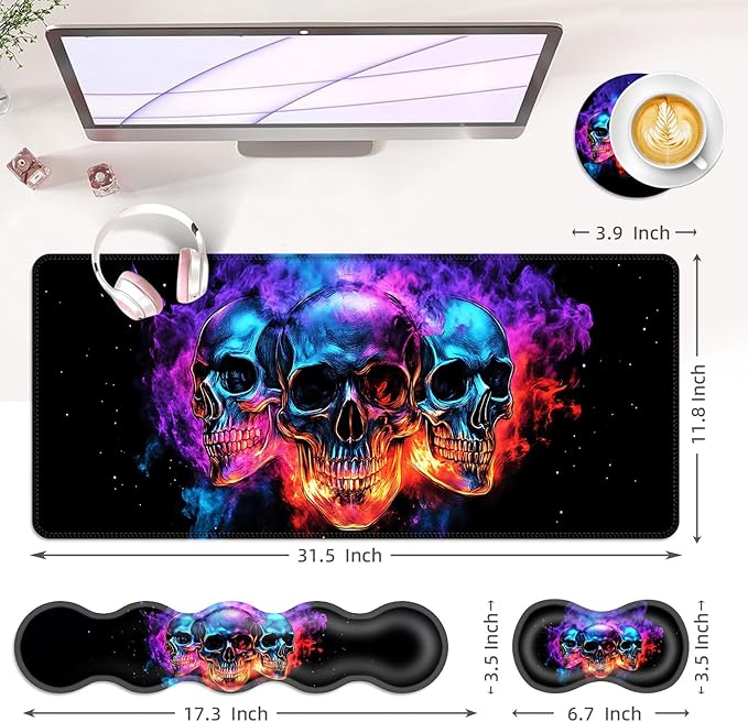 BFUKVOU Large Keyboard Mouse Pad Set, Extended Mouse Pad+Keyboard Wrist Rest Support, Memory Foam Ergonomic Easy Typing, 4Pcs (31.5×11.8 in) Desk Pad Set for Office Home,Smoke Skulls