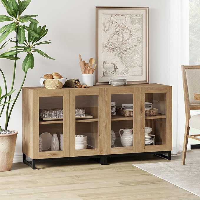 WAMPAT Modern TV Stand with Glass Doors for 32-70 inch TVs, Farmhouse Entertainment Center Media TV Console with Adjustable Shelves for Living Room, Bedroom, Oak