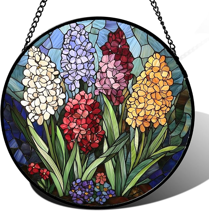 DASTOLL Stained Glass Window Hanging, Colorful Hyacinth Flowers Suncatcher for Doors Window Home Plant Sun Catchers Decoration Mother's Day Birthday Gifts for Women, Men, and Mom 9.8x9.8 in