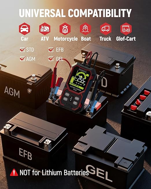 KAIWEETS Car Battery Tester, 12V/24V Automotive Battery Diagnostic Tool, 50-2000 CCA Load Capacity, Digital Battery Analyzer & Voltage Meter for Cars, Trucks, Motorcycles, SUVs, Boats & Marine Use