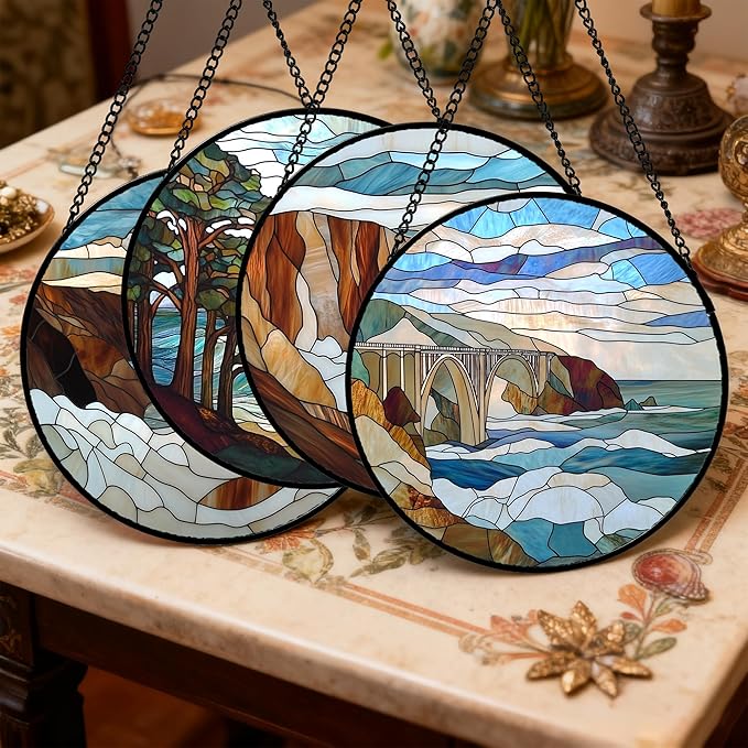 DASTOLL Stained Glass Window Hanging 4 Pcs Set Ocean Waves Large 15" - Blue and White Sea Suncatcher Door Garden Sun Catcher Decor Birthday Christmas for Mom Woman Nana Men