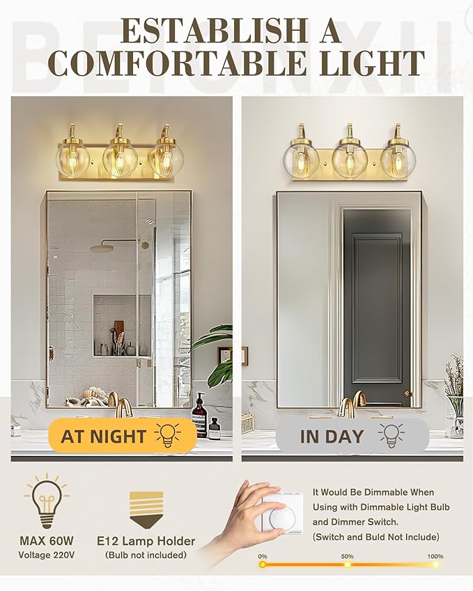 Beionxii Bathroom Vanity Light, 3-Light Brushed Gold Bathroom Light Fixtures, Modern Vanity Lights with Clear Glass Shade, Wall Sconces Lighting Over Mirror Living Room Hallway, BX-VL03BG-3CG
