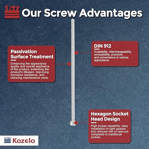 Kozelo 5pcs Socket Head Cap Screws - [M3-0.5 x 95mm] 304 Stainless Steel Allen Socket Drive for Electrical Motor 3D Printing Fan Engine Replacement Use, Silver