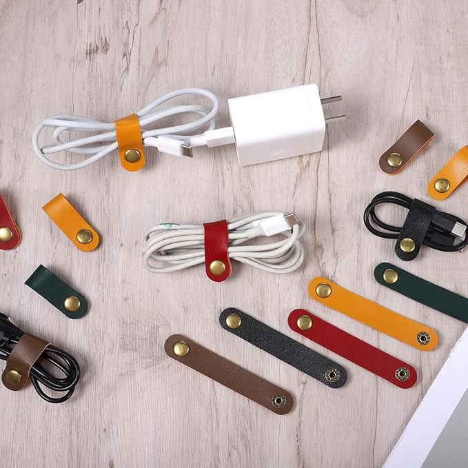 20 PCS PU Leather Cord Organizer, Multicolor Leather Cable Ties Portable Snap Cable Strap Charging Cables Cords Organizer Reusable Cord Keepers Multipurpose Winder for Men Women (5 Colors)