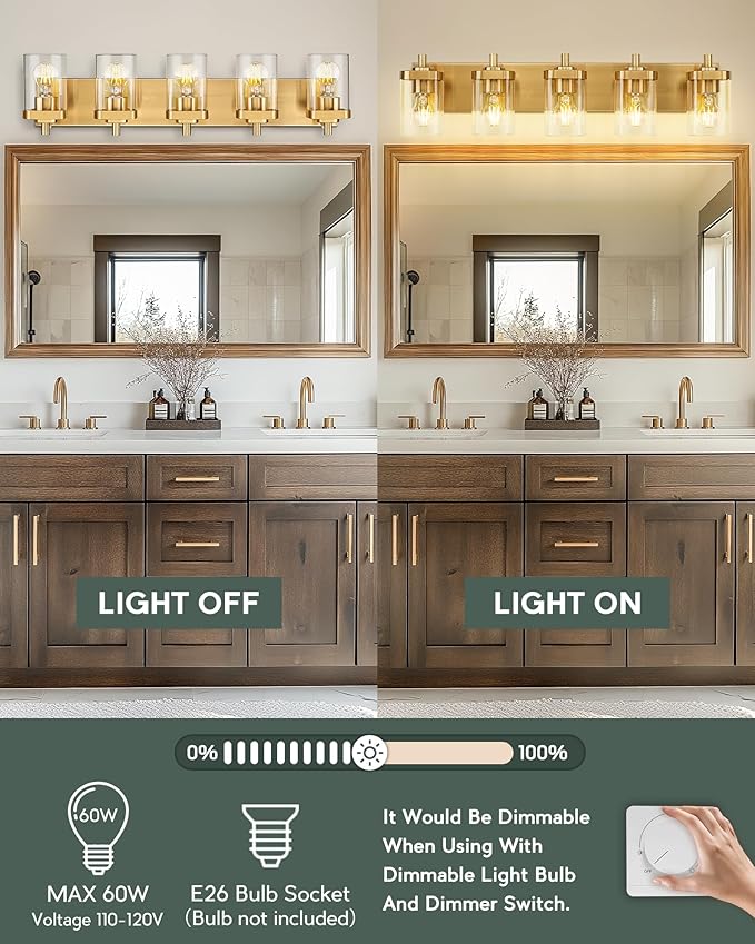 METWET Bathroom Light Fixtures, 30" Brushed Gold Vanity Light, 5-Light Modern Wall Sconces with Square Clear Glass Shade, Vanity Lighting Fixtures Over Mirror, VL194-BG-5