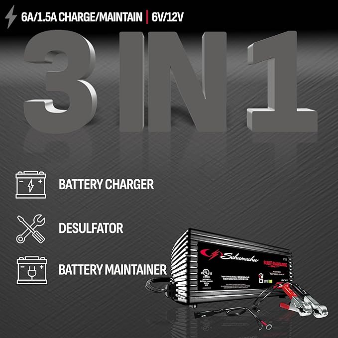 Schumacher Electric 1.5A Car Battery Charger and Maintainer, 3-in-1 Solution, for 6V/12V Power Sport, Automotive, and Marine Batteries, SC1355