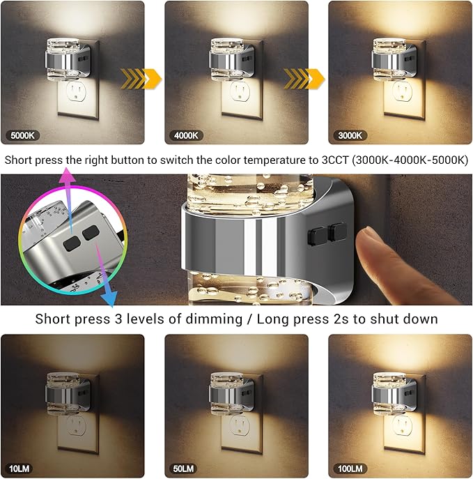 JandCase LED Night Light, Bubble Night Lights Plug into Wall, [2 Pack]Night Light3000K/4000K/5000K & 3 Brightness Levels, Dimmable Nightlight with Dusk to Dawn Sensor for Bathroom Hallway Bedroom