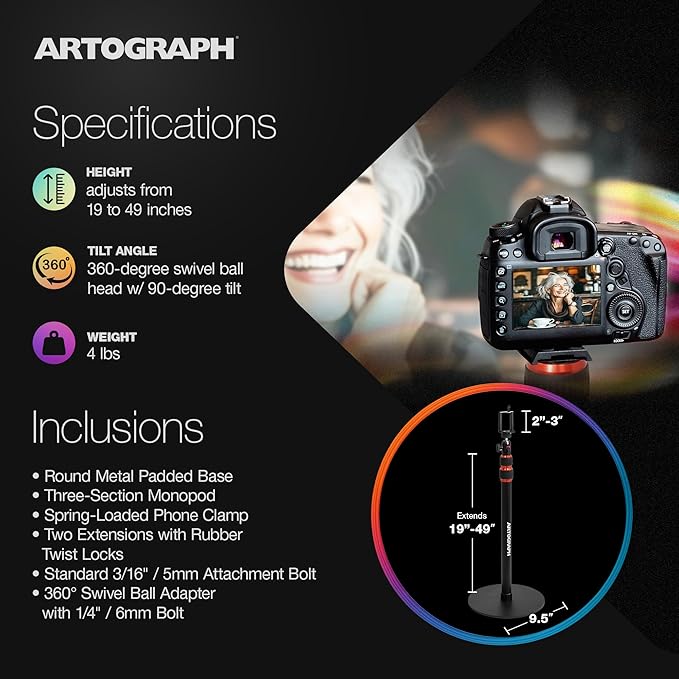 Artograph Height Adjustable Projector Stand, Art Monopod for Digital Projector, Camera, or Lights, Includes Cell Phone Holder for Smartphone