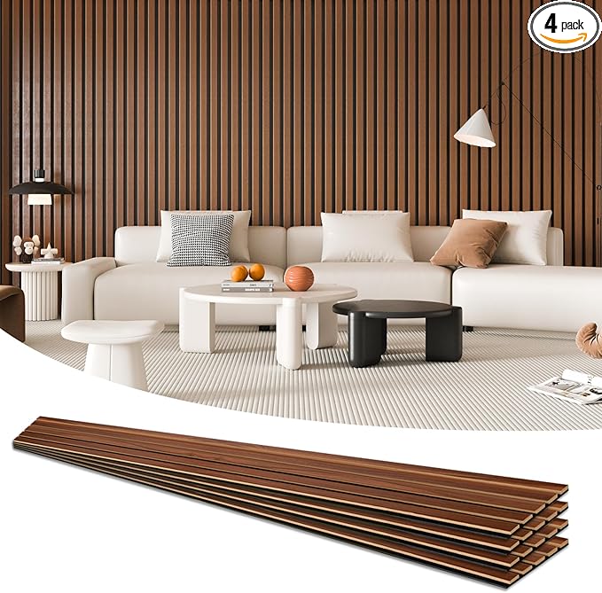 Art3d 4-Pack 94.5 x 7.9 inch Acoustic Wood Slat Wall Panels for Interior Decor, 3D Fluted Sound Absorbing Wood Paneling for Accent Wall Ceiling Kitchen Living Room Bedroom Office, Dark Walnut