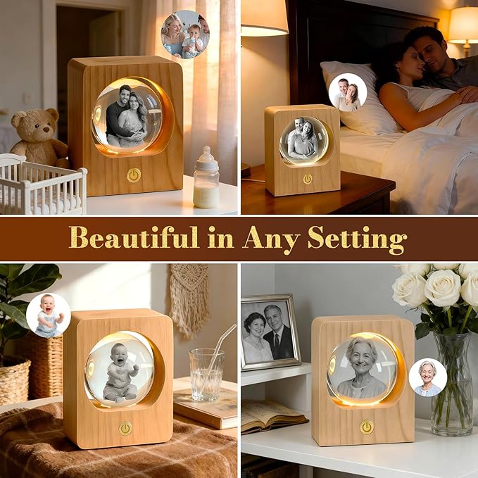Gloryage Personalized 3D Crystal Photo Lamp – Custom Engraved Memory Ball with Warm LED Light and Wood Base, Ideal Gift for Anniversary, Wedding, Birthday, Valentine's Day, Pet Memorial
