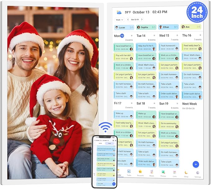 24" Digital Calendar Picture-Frame for-Wall-Planner - Touchcreen Interactive Electronic Calendar Display, Chore Chart, Star Reward, Sync Google iCloud Outlook Via APP, Wall Mount, Gifts for Mom Dad