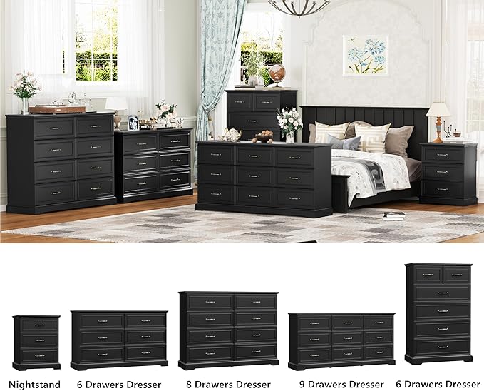 Nightstand with 3 Large Drawers,24" Wide End Table with Metal Handles,Rustic Farmhouse Wood Small Dresser,Bedside Table,Modern Chest of Drawers for Bedroom,Living Room,Black