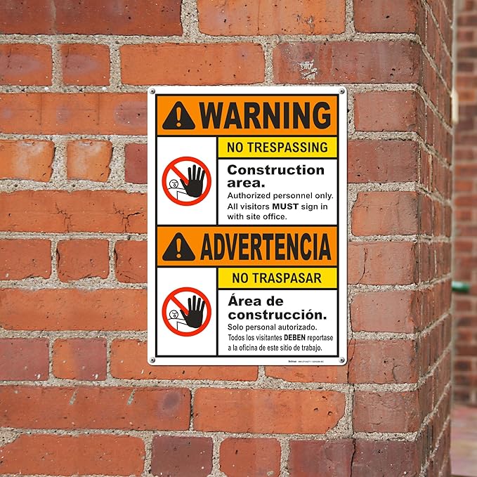 Brimar - 10" x 14" - Bilingual Warning Construction Area No Trespassing Sign - .055″ Polyethylene Plastic - Bold Text - Easy Installation