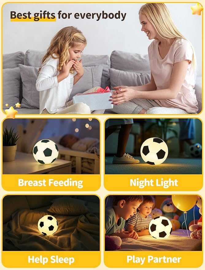 TechCharm Soccer Night Light for Kids Rechargeable LED Touch Control Silicone Night Lamp,Nursery Night Lights,Glowing Football Gift for Boys,Home Decor Birthday Christmas Gifts for Kids