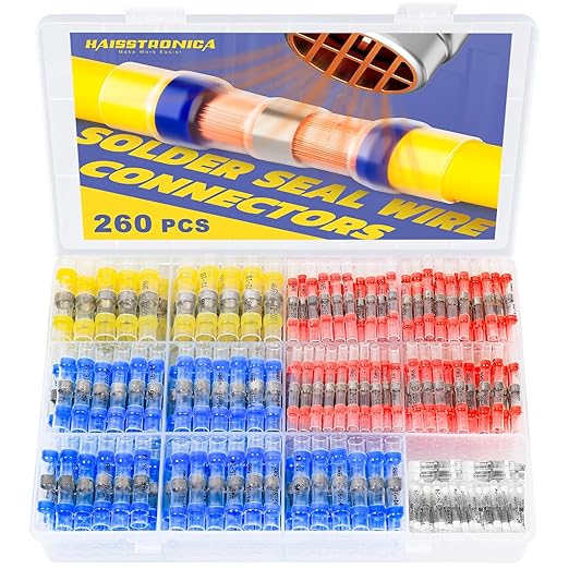 Haisstronica 260PCS Waterproof Heat Shrink Wire Connectors - Self Solder, Marine & Stereo (20Yellow, 60White, 90Red, 90Blue) Solder Sleeve