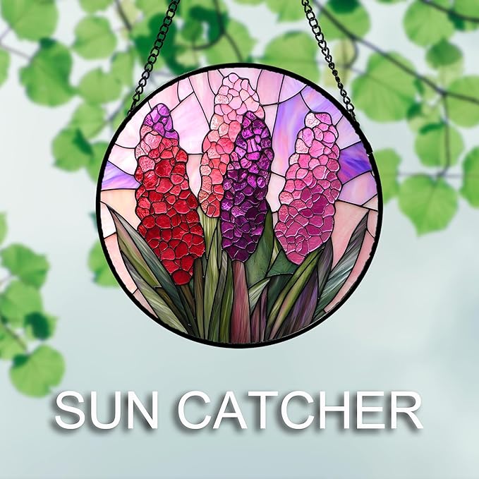 DASTOLL Stained Glass Window Hanging 4 Pcs Set Purple Flower Theme 7.8" - Tulip Suncatcher Door Garden Sun Catcher Decor Birthday Christmas for Plant Lovers Woman Nana Men
