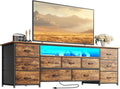 Huuger 63 Inch TV Stand for 65, 70 Inch TV, 11 Drawer Long Dresser with Power Outlets and LED Lights, Entertainment Center with Storage, Rustic Brown Dresser with PU Leather Surface