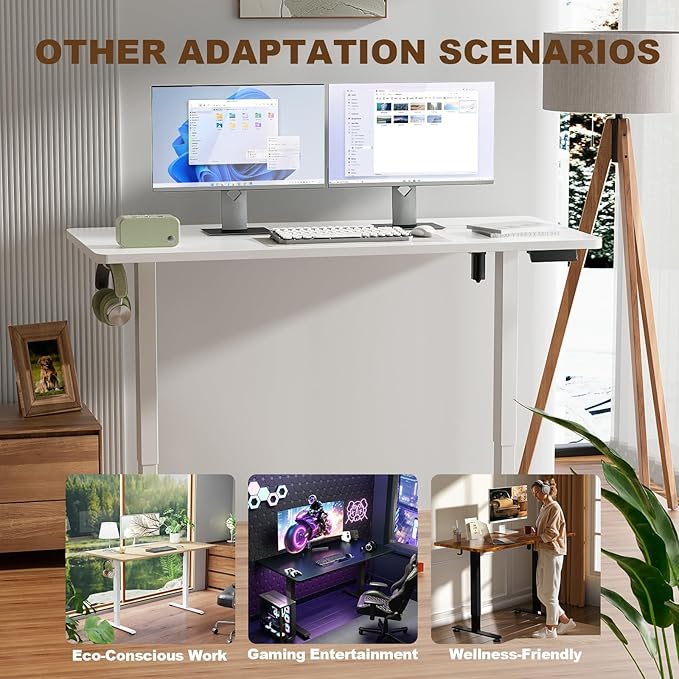 Veken 55 Inch Large Electric Standing Desk,Sit to Stand Up, Heights Adjustable, Work Home Office Computer Table for Study, Walking Pad, Writing, and Games, Wooden Desktop Desks, White