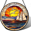 DASTOLL Stained Glass Window Hanging, Sun Ocean Sailboat Seagull Abstract Suncatcher Diamond Glass Panel Sun Catchers Decor for Birthday for Women, Men, Wife, Aunt, and Mom 14.9x14.9 in
