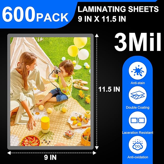 BURVAGY 600 Pack Laminating Sheets, 3 Mil, 9 x 11.5 Inches Thermal Laminating Pouches Lamination Sheet Paper for Laminator, Clear, Letter Size, Office and School Supplies